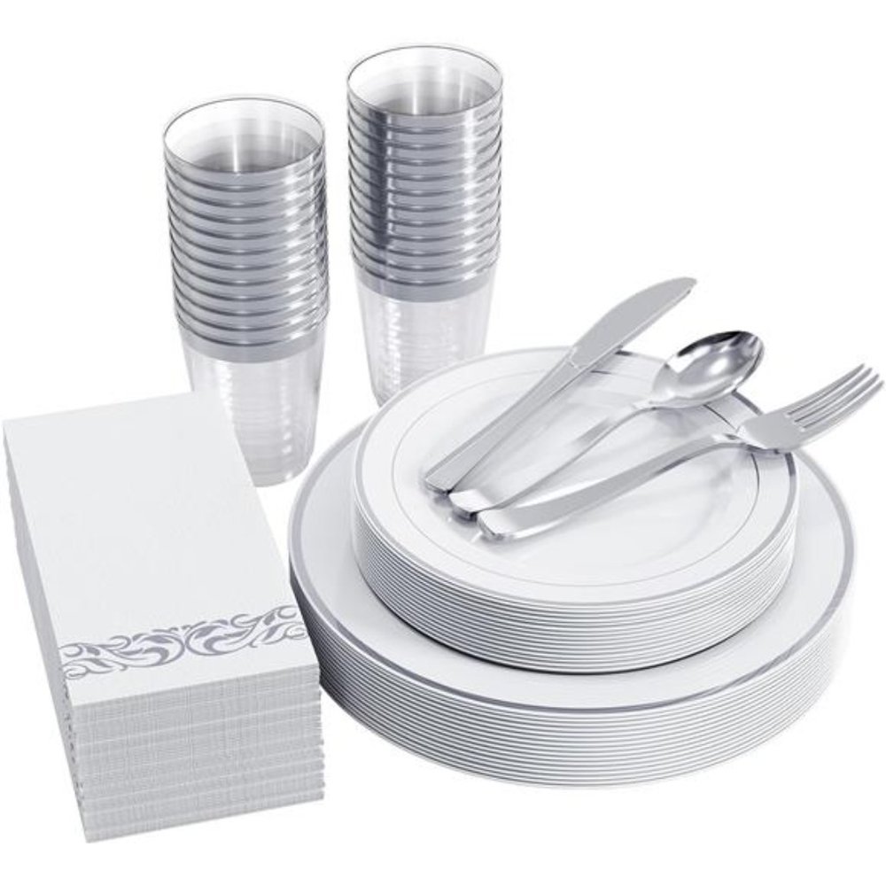 175pcs Silver Dinnerware Set for 25 Guests,Silver Rim Plastic Plates Disposable